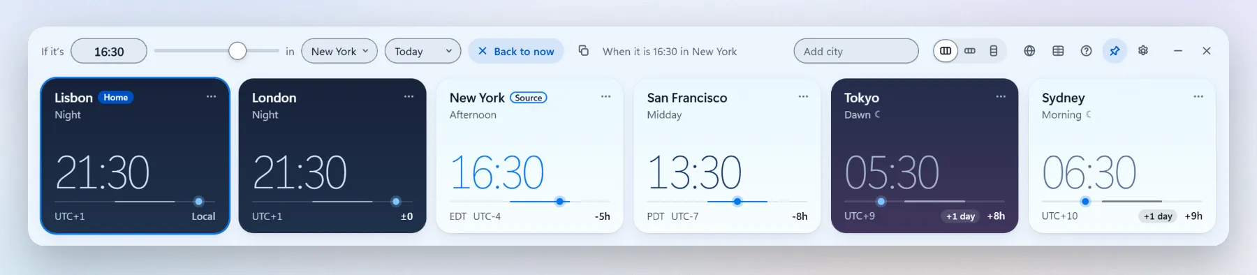 Converting 16:30 in New York: Lisbon and London show 21:30, San Francisco 13:30, Tokyo 05:30 and Sydney 06:30, both marked +1 day and with a moon for likely asleep.