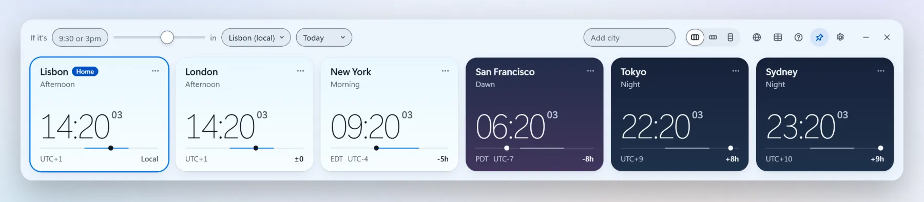 Open World Clock with six city cards: Lisbon (Home) and London at 14:20 in the afternoon, New York at 09:20 in the morning, San Francisco at dawn, Tokyo and Sydney at night.