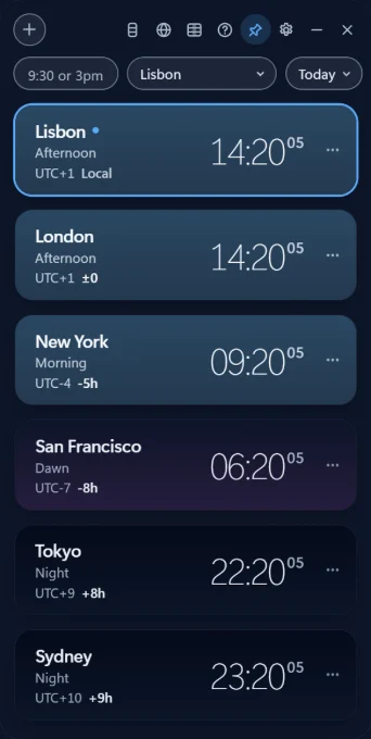 Vertical layout of Open World Clock along the right edge of an ultrawide monitor